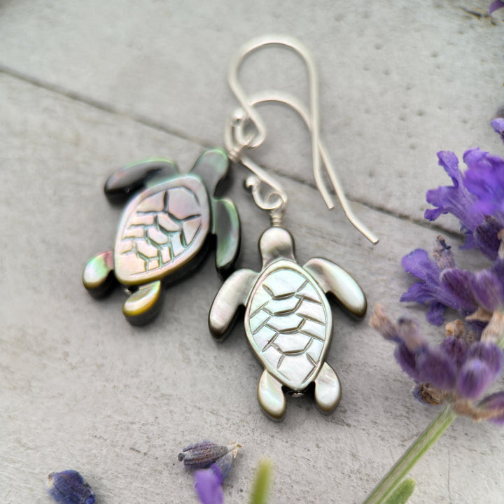 Black Mother of Pearl Sea Turtle and Sterling Silver Earrings - Black Lipped Oyster Shell Tortuga Jewelry - SunlightSilver