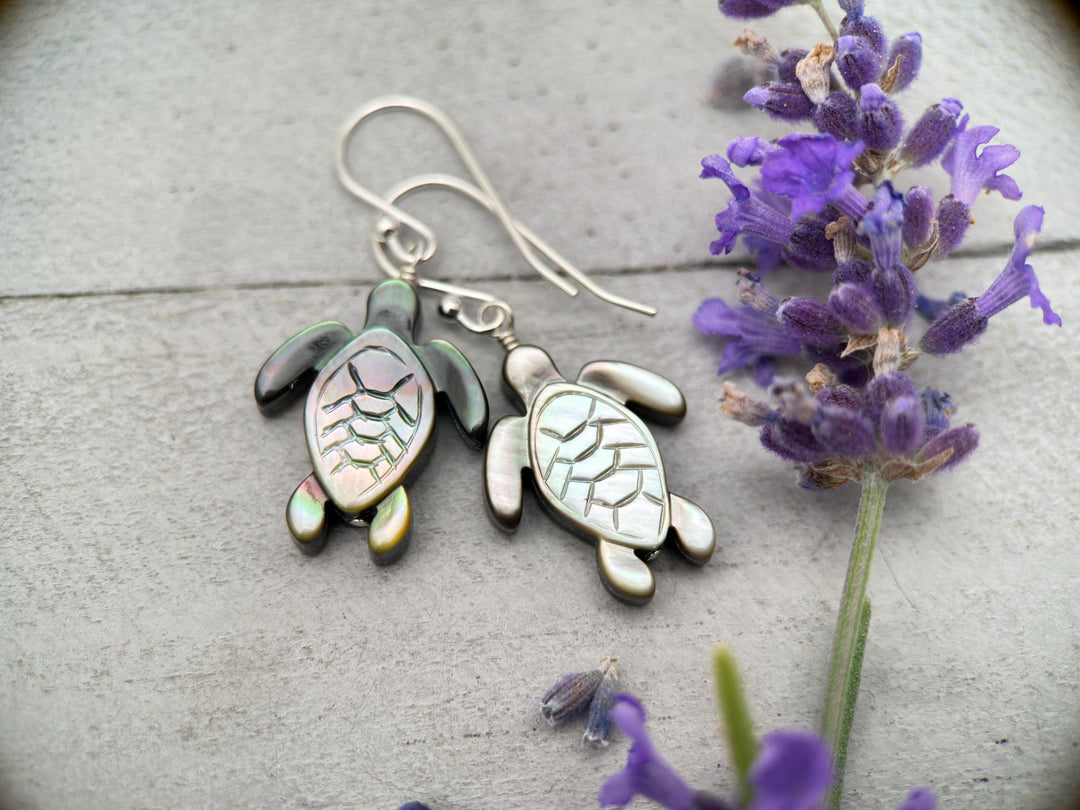 Black Mother of Pearl Sea Turtle and Sterling Silver Earrings - Black Lipped Oyster Shell Tortuga Jewelry - SunlightSilver