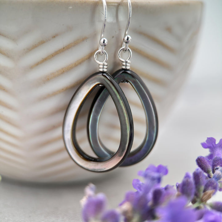 Black Mother of Pearl Teardrop Earrings – Elegant Sterling Silver Shell Drop Jewelry - Black Lip Oyster Shell Hoop Earrings - SunlightSilver