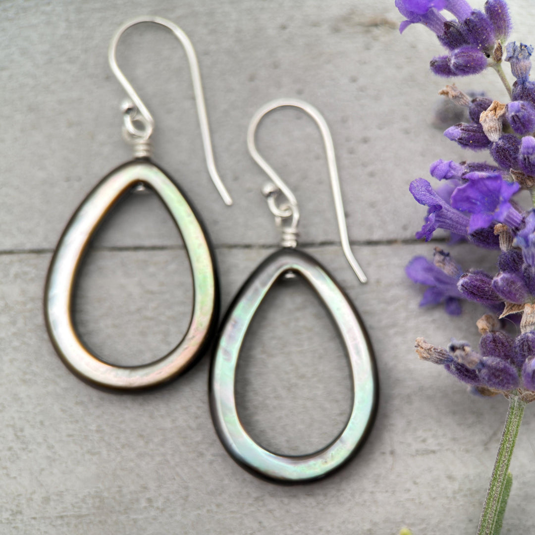 Black Mother of Pearl Teardrop Earrings – Elegant Sterling Silver Shell Drop Jewelry - Black Lip Oyster Shell Hoop Earrings - SunlightSilver