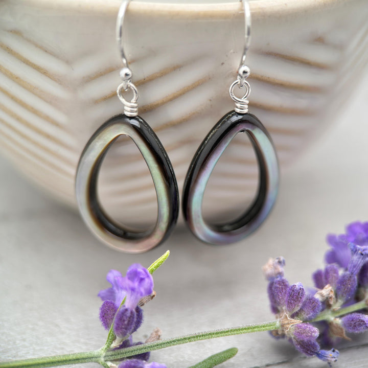 Black Mother of Pearl Teardrop Earrings – Elegant Sterling Silver Shell Drop Jewelry - Black Lip Oyster Shell Hoop Earrings - SunlightSilver