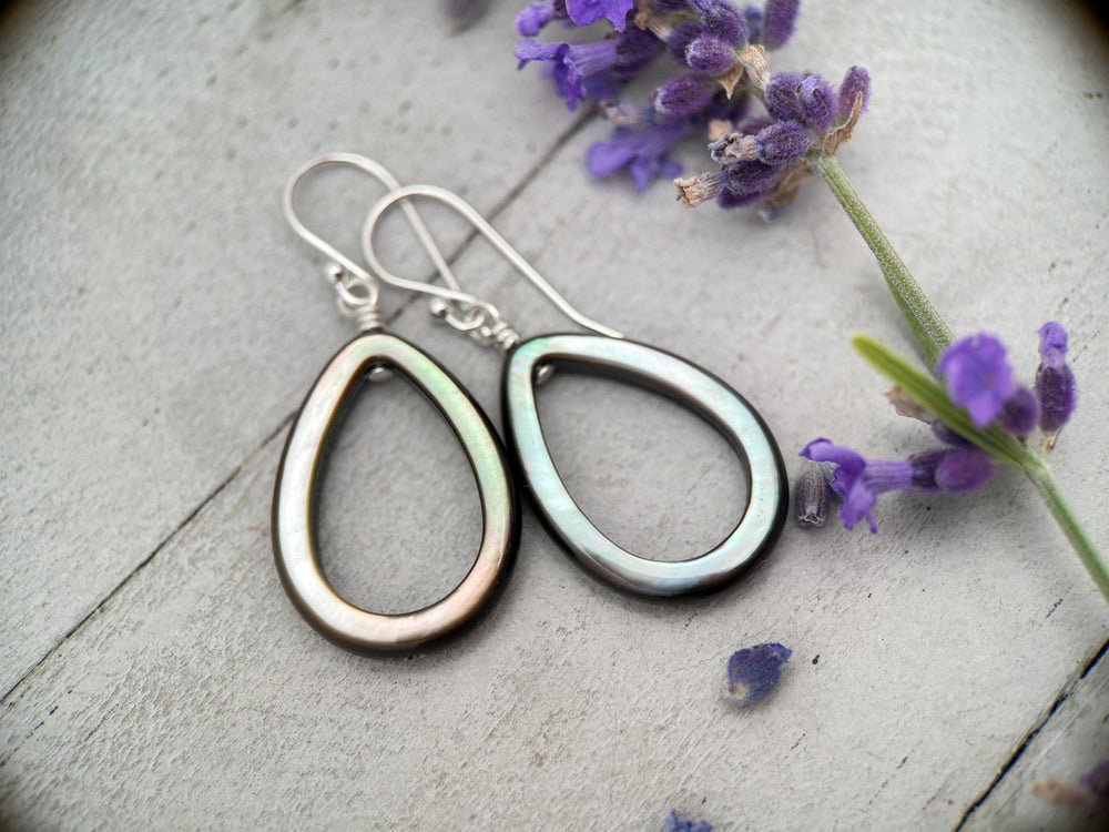 Black Mother of Pearl Teardrop Earrings – Elegant Sterling Silver Shell Drop Jewelry - Black Lip Oyster Shell Hoop Earrings - SunlightSilver