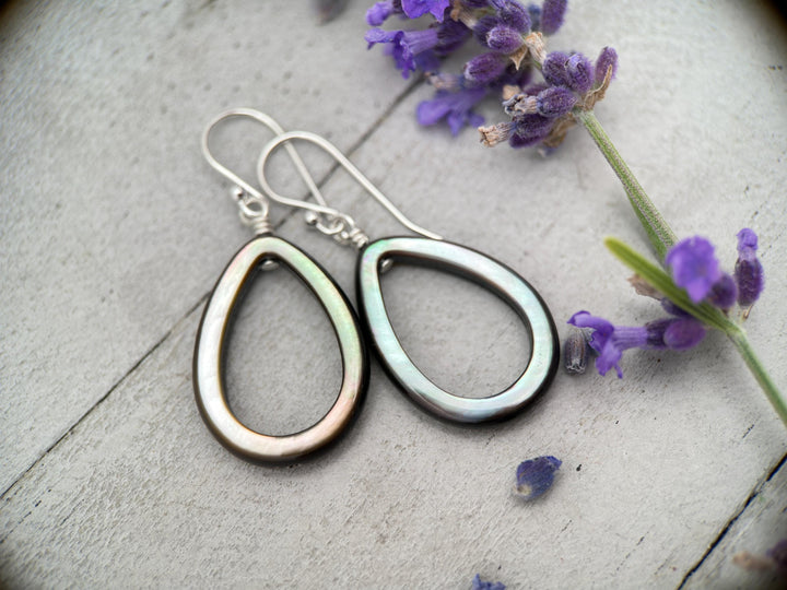Black Mother of Pearl Teardrop Earrings – Elegant Sterling Silver Shell Drop Jewelry - Black Lip Oyster Shell Hoop Earrings - SunlightSilver