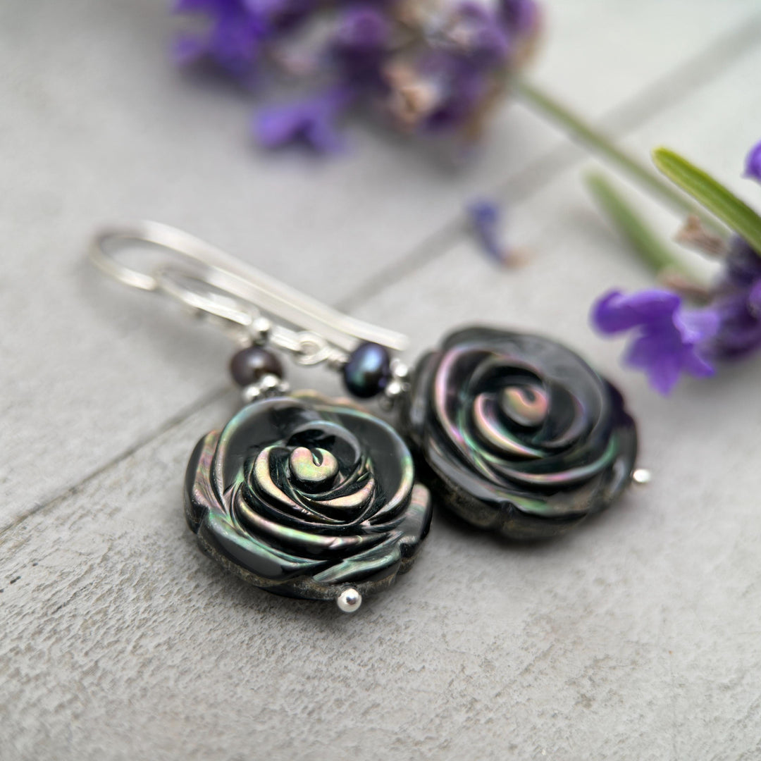 Black Lip Oyster Shell Rose Flower and Sterling Silver Earrings - SunlightSilver