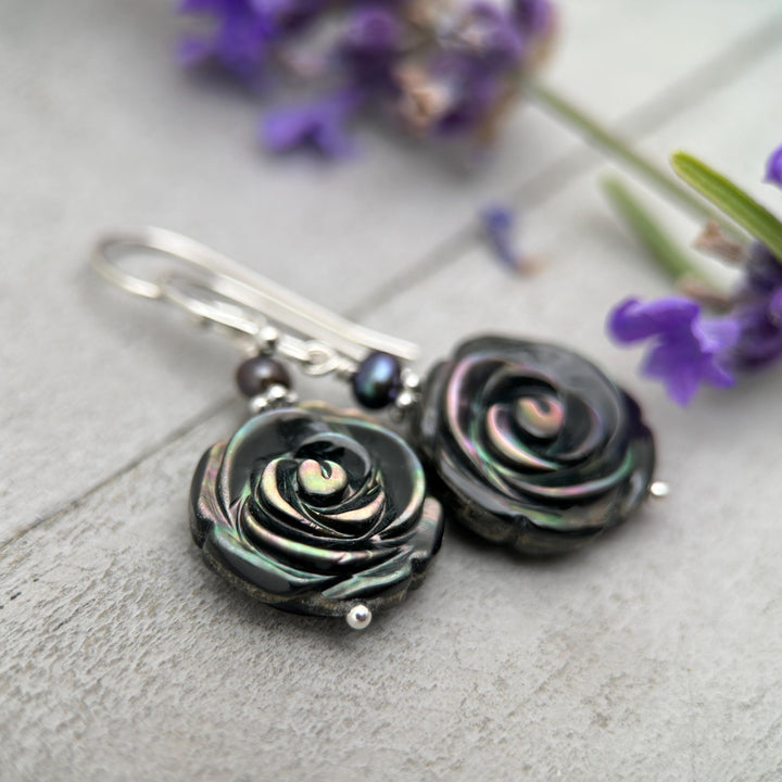 Black Lip Oyster Shell Rose Flower and Sterling Silver Earrings - SunlightSilver