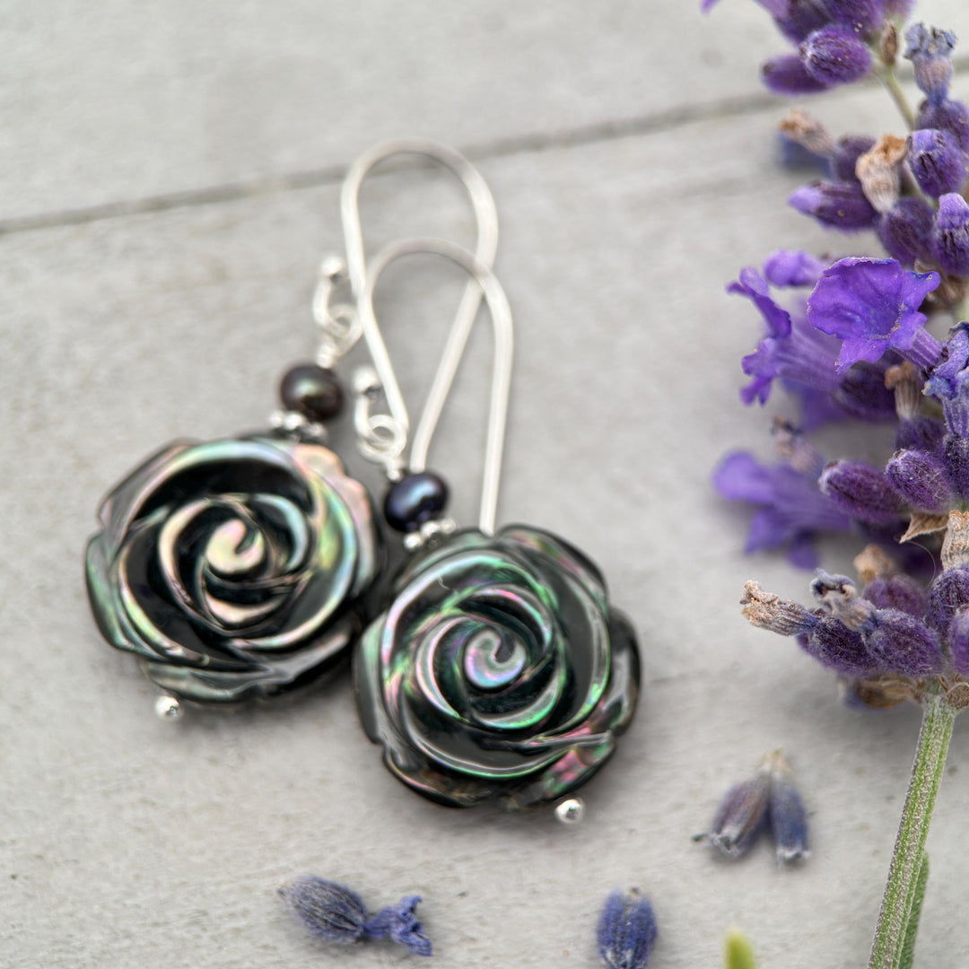 Black Lip Oyster Shell Rose Flower and Sterling Silver Earrings - SunlightSilver