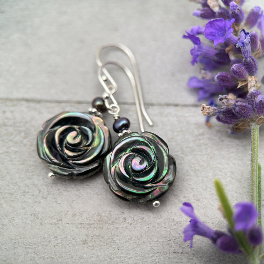 Black Lip Oyster Shell Rose Flower and Sterling Silver Earrings - SunlightSilver