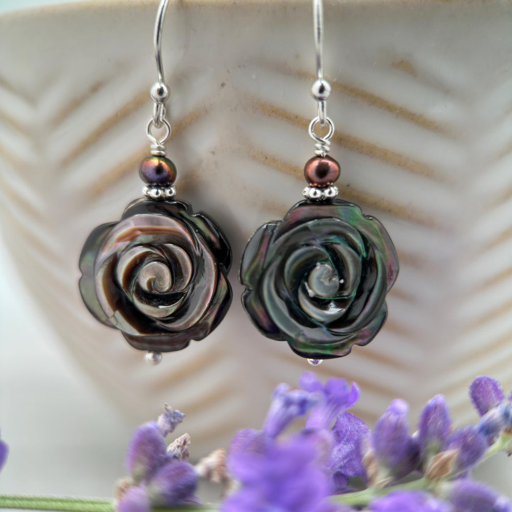 Black Lip Oyster Shell Rose Flower and Sterling Silver Earrings - SunlightSilver
