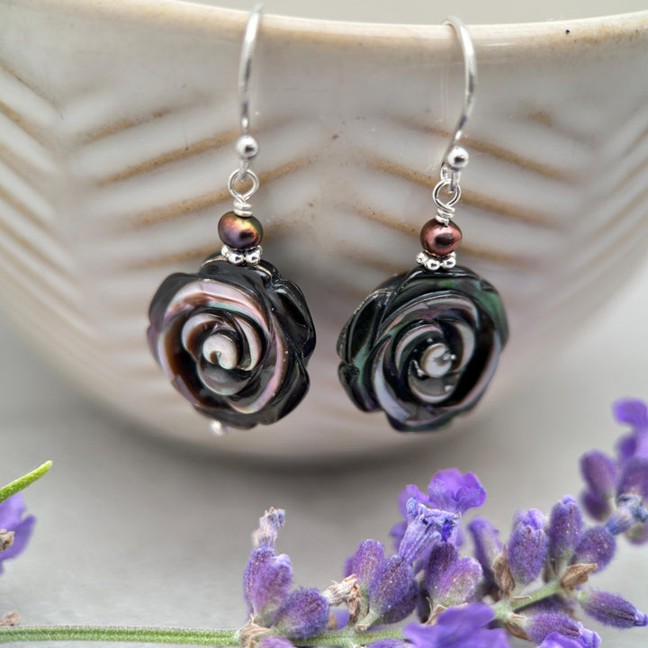 Black Lip Oyster Shell Rose Flower and Sterling Silver Earrings - SunlightSilver