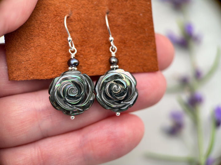 Black Lip Oyster Shell Rose Flower and Sterling Silver Earrings - SunlightSilver