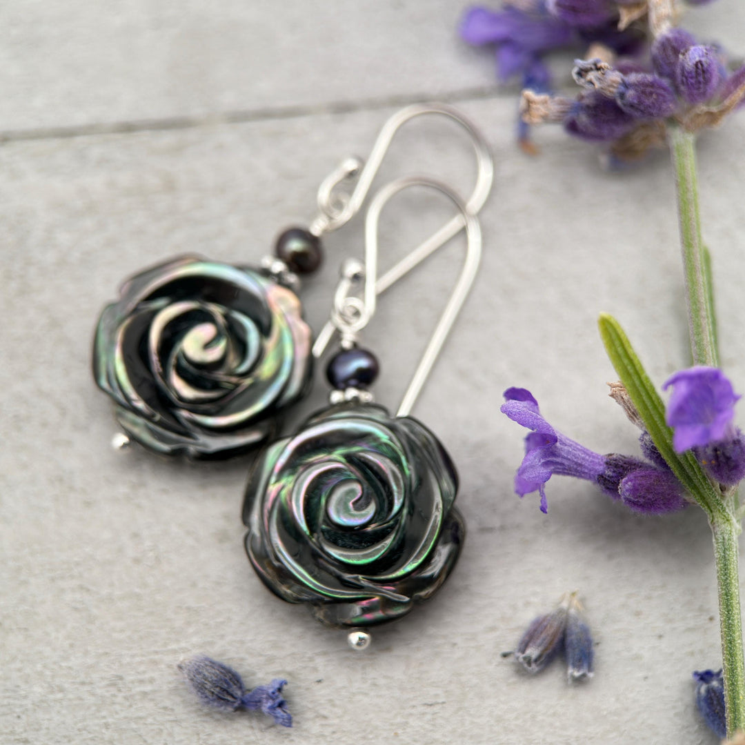 Black Lip Oyster Shell Rose Flower and Sterling Silver Earrings - SunlightSilver