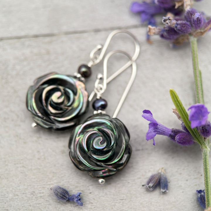 Black Lip Oyster Shell Rose Flower and Sterling Silver Earrings - SunlightSilver
