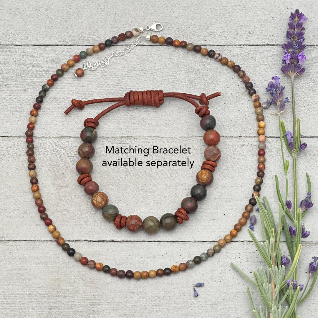 Red Cherry Creek Jasper and Sterling Silver Necklace - 4mm Beaded Montana Gemstone Necklace - SunlightSilver