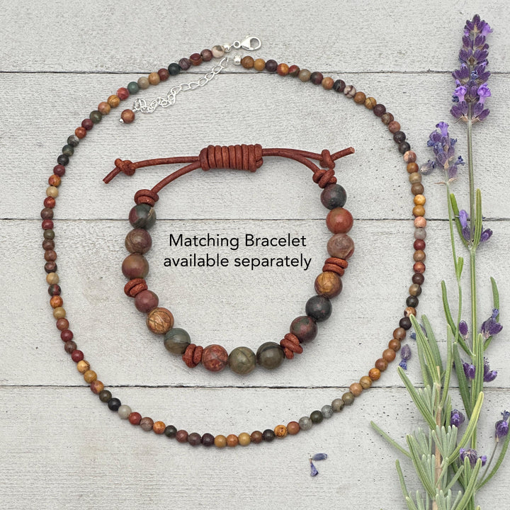 Red Cherry Creek Jasper and Sterling Silver Necklace - 4mm Beaded Montana Gemstone Necklace - SunlightSilver