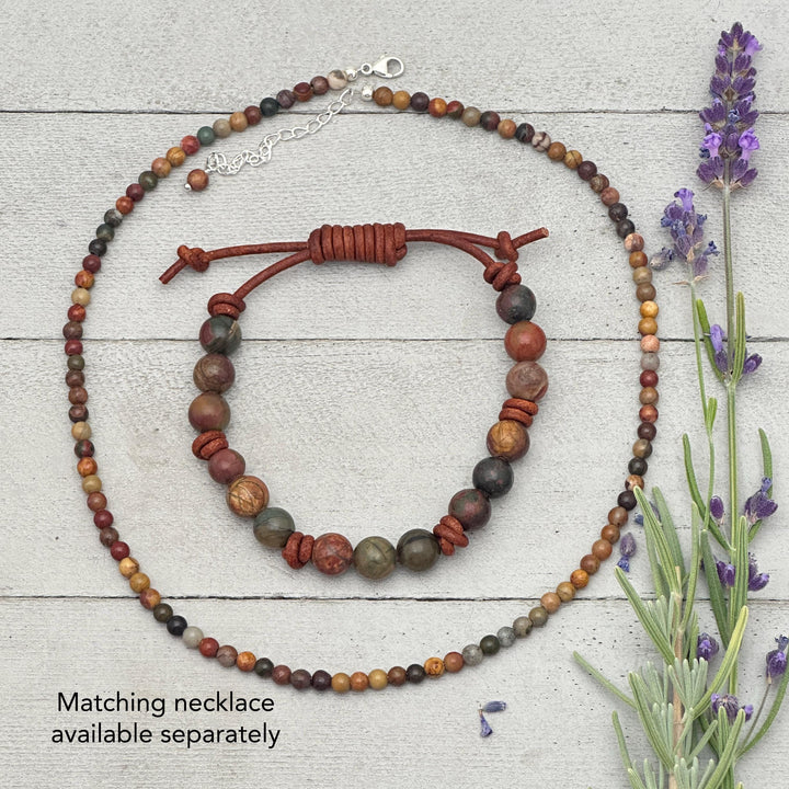 Red Cherry Creek Jasper Gemstone and Rustic Brown Leather Adjustable Bracelet - SunlightSilver