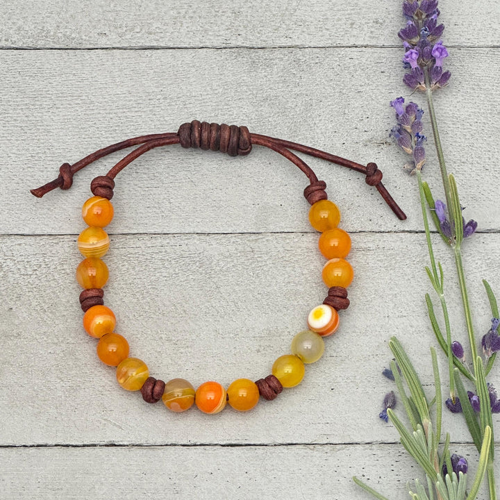 Sardonyx and Leather Stacking Bracelet - August Birthstone Jewelry - Limited Edition - SunlightSilver