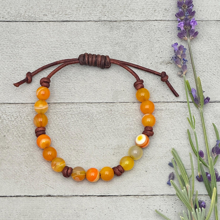 Sardonyx and Leather Stacking Bracelet - August Birthstone Jewelry - Limited Edition - SunlightSilver