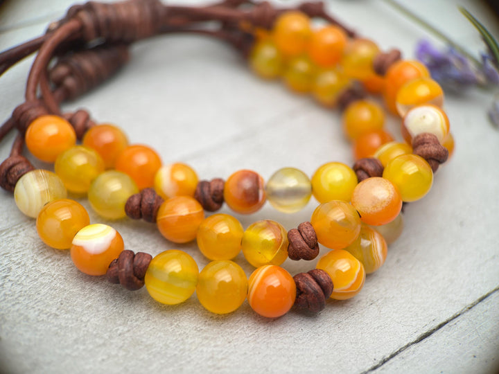 Sardonyx and Leather Stacking Bracelet - August Birthstone Jewelry - Limited Edition - SunlightSilver