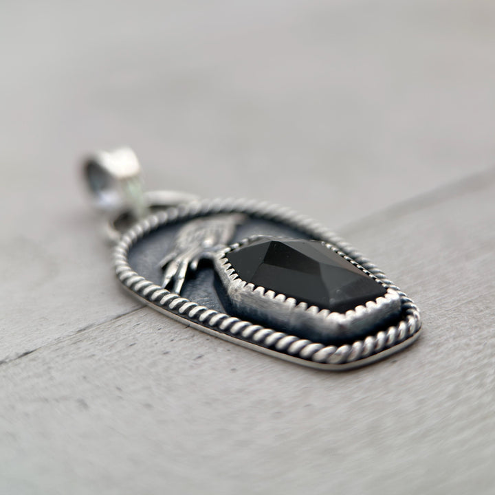 Black Onyx Coffin and Sterling Silver Raven Pendant. Halloween Gothic Jewelry - SunlightSilver