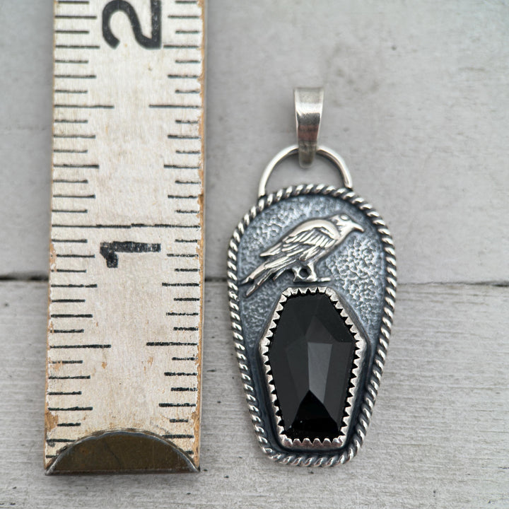 Black Onyx Coffin and Sterling Silver Raven Pendant. Halloween Gothic Jewelry - SunlightSilver