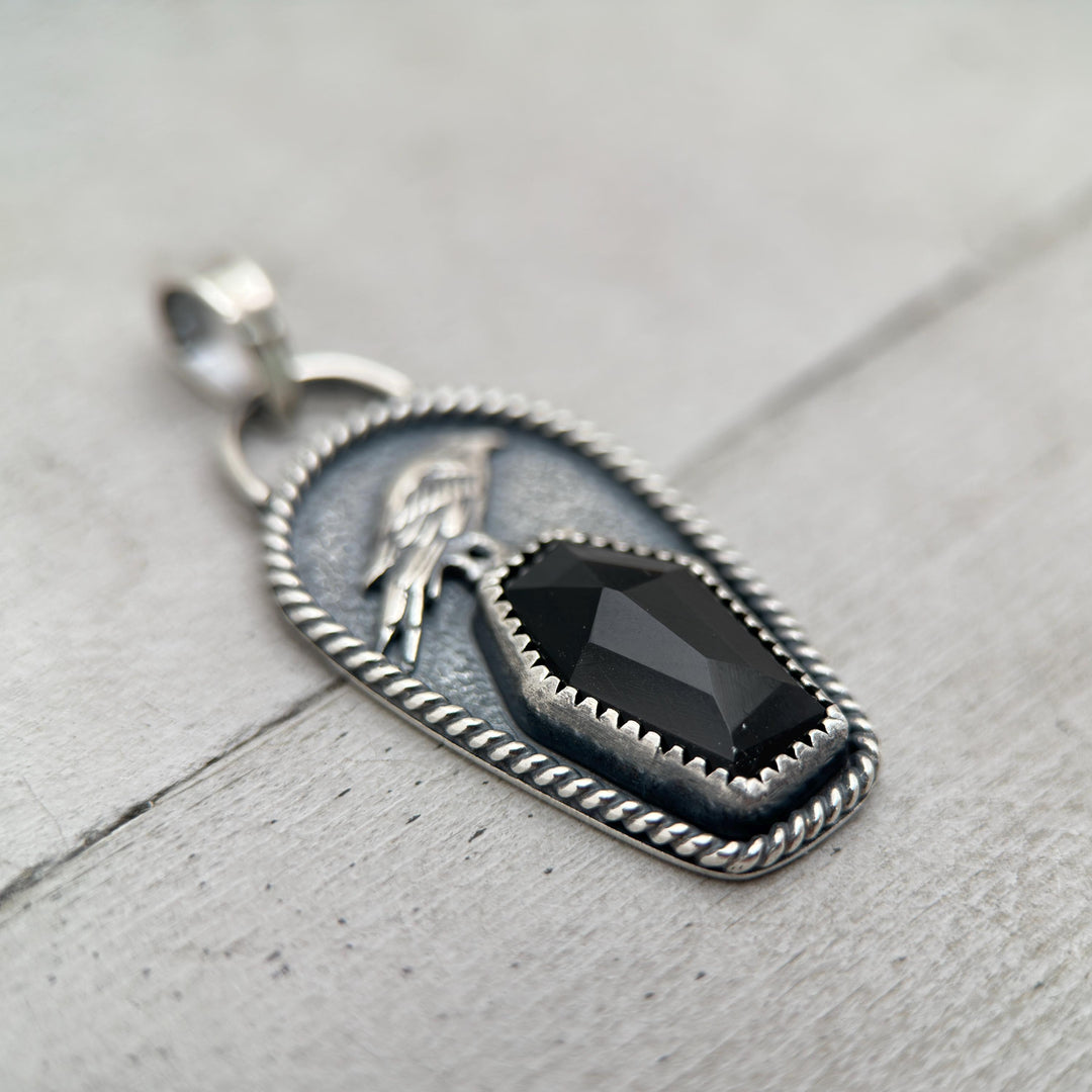 Black Onyx Coffin and Sterling Silver Raven Pendant. Halloween Gothic Jewelry - SunlightSilver