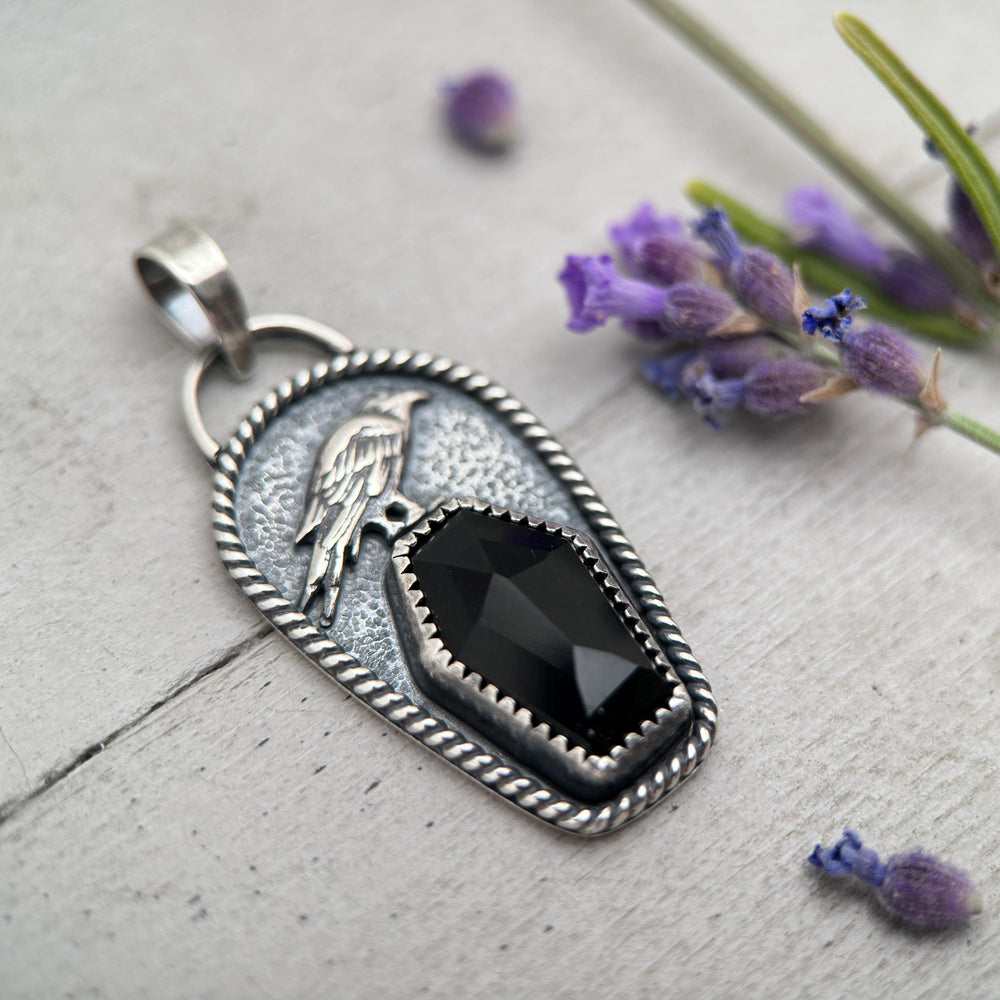 Black Onyx Coffin and Sterling Silver Raven Pendant. Halloween Gothic Jewelry - SunlightSilver