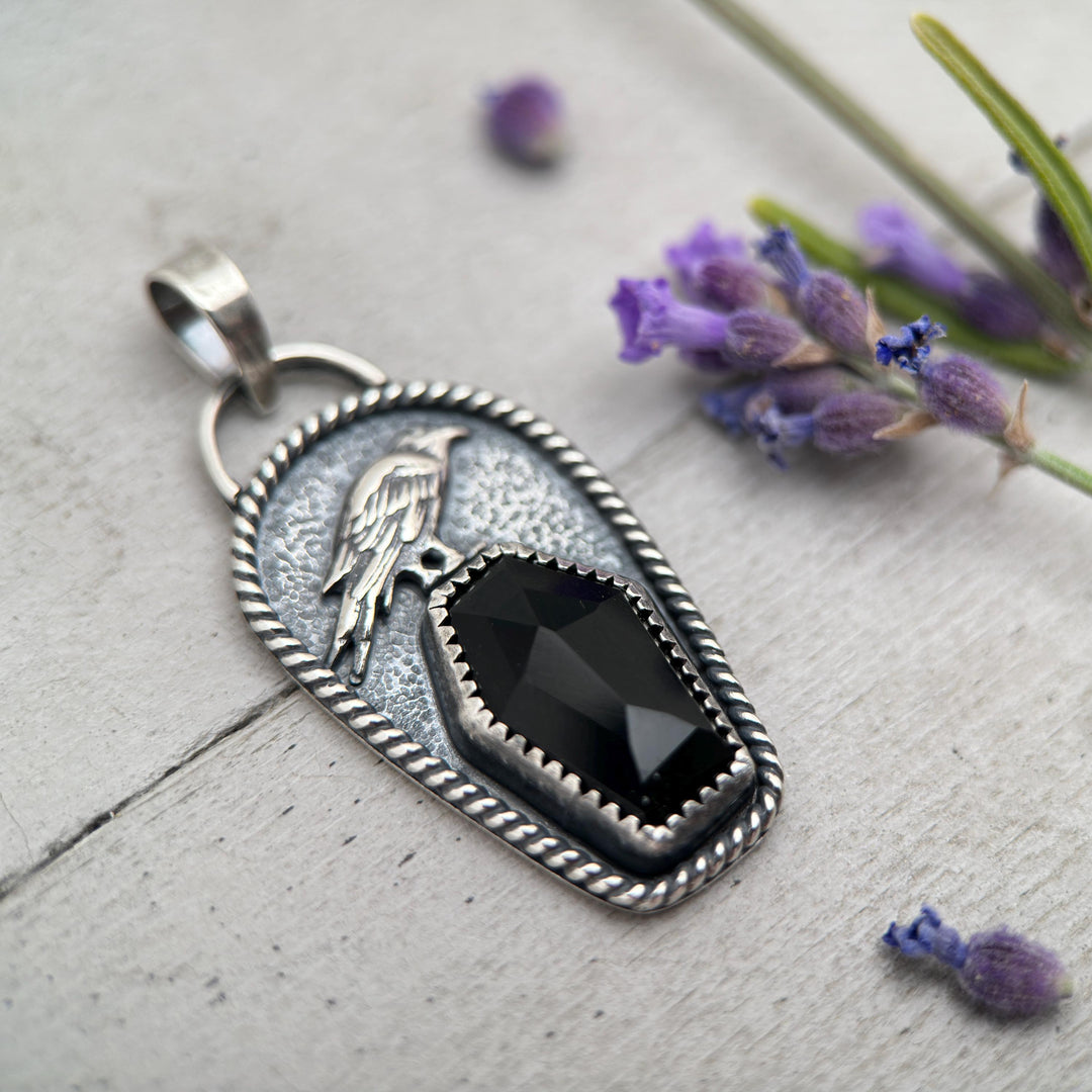 Black Onyx Coffin and Sterling Silver Raven Pendant. Halloween Gothic Jewelry - SunlightSilver