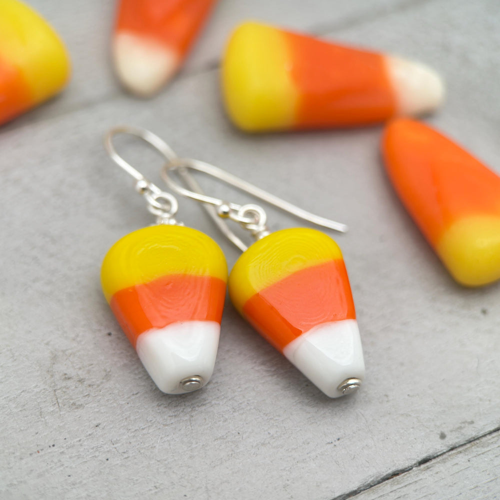 Candy Corn and Sterling Silver Earrings – Artisan Glass Beads - Halloween Autumn Fall Costume Jewelry - SunlightSilver