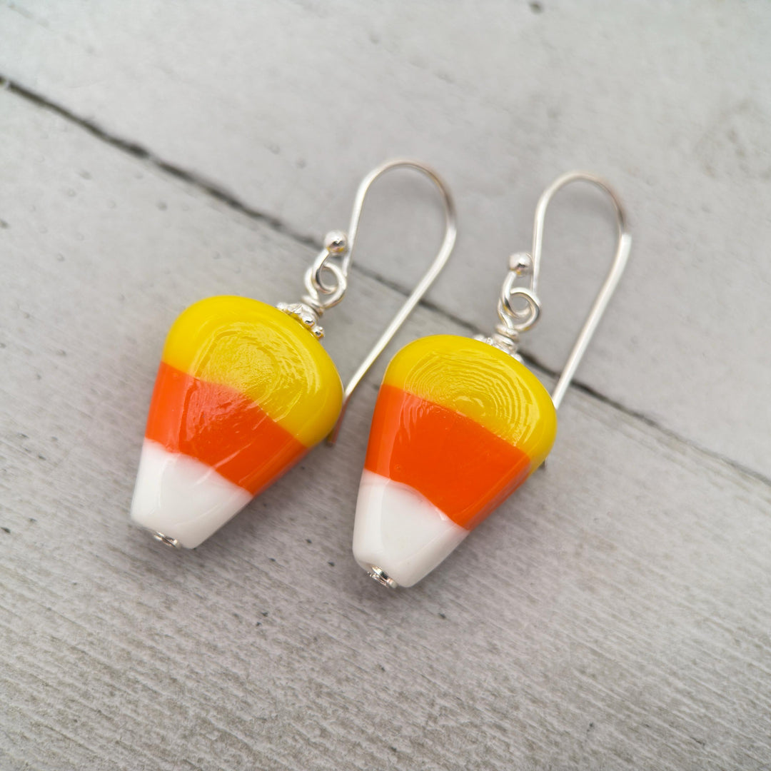 Candy Corn and Sterling Silver Earrings – Artisan Glass Beads - Halloween Autumn Fall Costume Jewelry - SunlightSilver