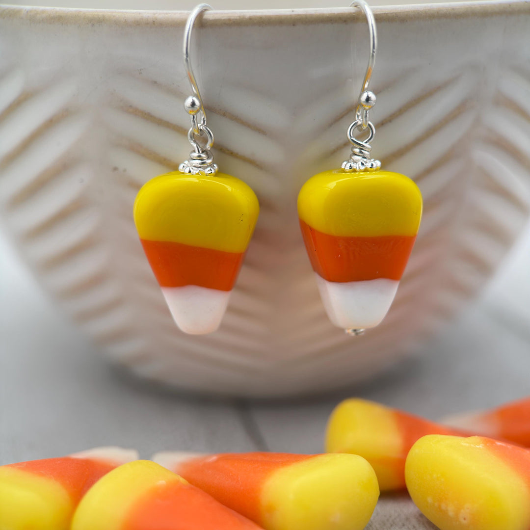 Candy Corn and Sterling Silver Earrings – Artisan Glass Beads - Halloween Autumn Fall Costume Jewelry - SunlightSilver