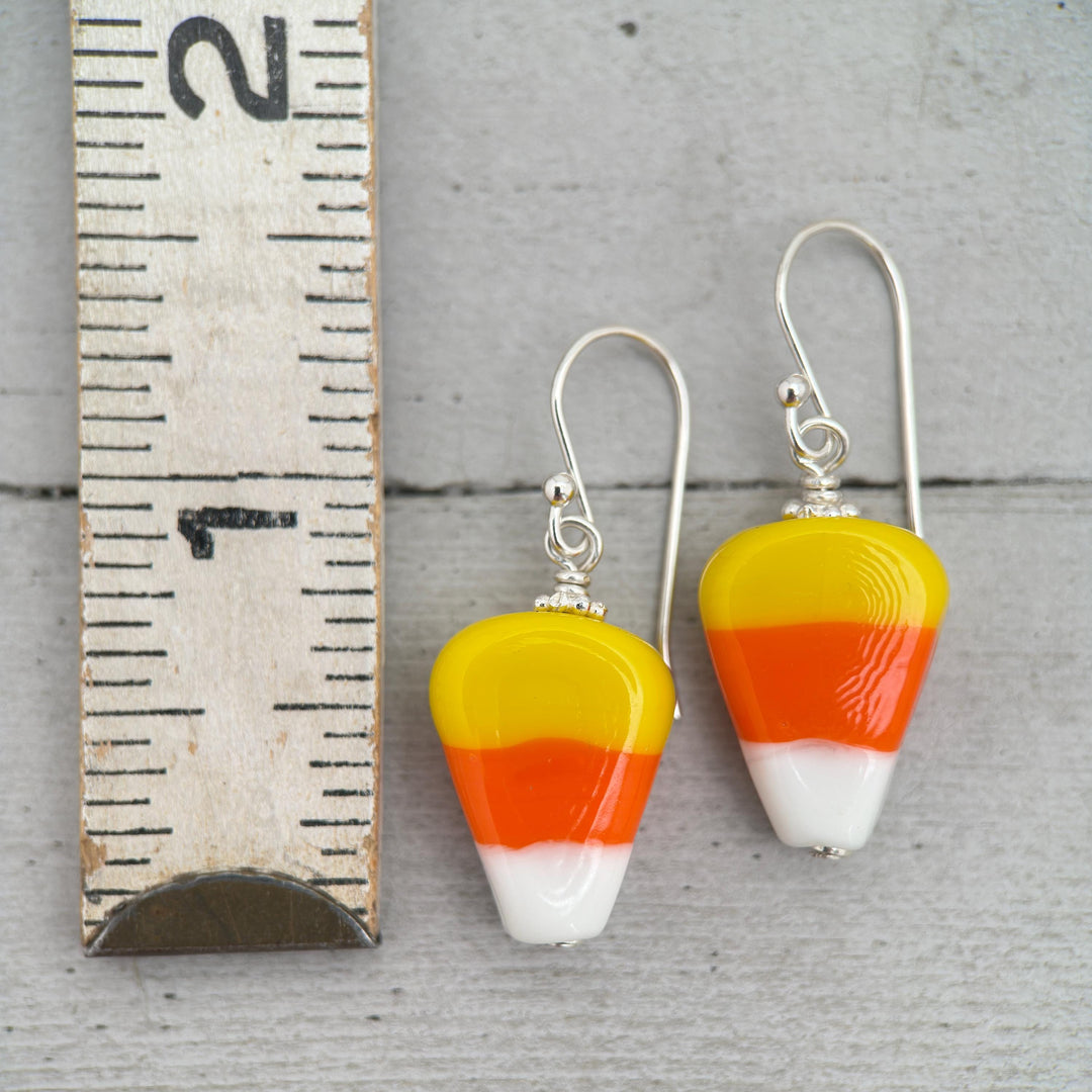 Candy Corn and Sterling Silver Earrings – Artisan Glass Beads - Halloween Autumn Fall Costume Jewelry - SunlightSilver
