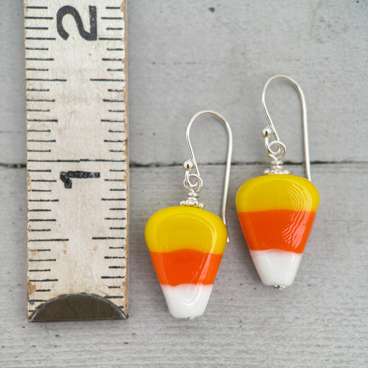 Candy Corn and Sterling Silver Earrings – Artisan Glass Beads - Halloween Autumn Fall Costume Jewelry - SunlightSilver