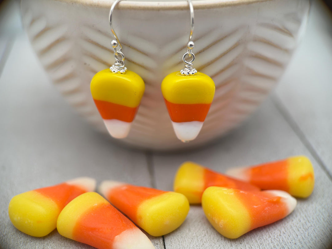 Candy Corn and Sterling Silver Earrings – Artisan Glass Beads - Halloween Autumn Fall Costume Jewelry - SunlightSilver