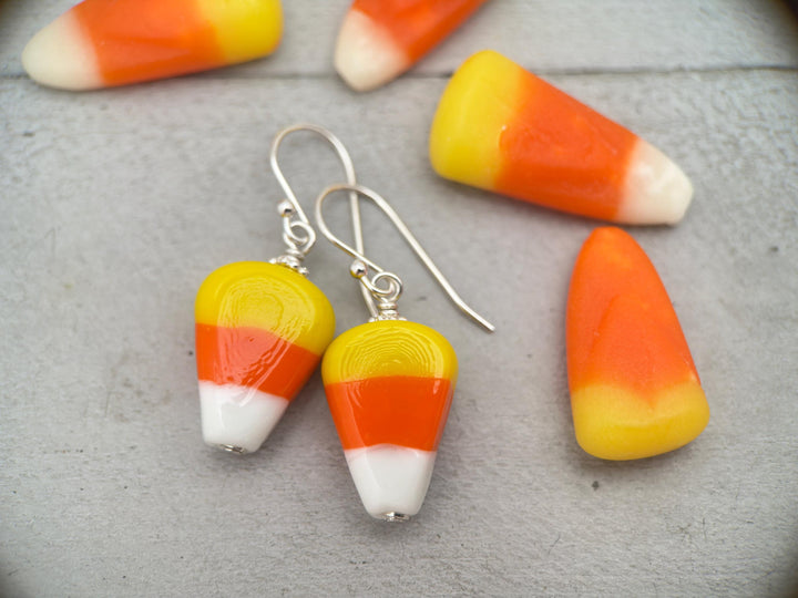 Candy Corn and Sterling Silver Earrings – Artisan Glass Beads - Halloween Autumn Fall Costume Jewelry - SunlightSilver