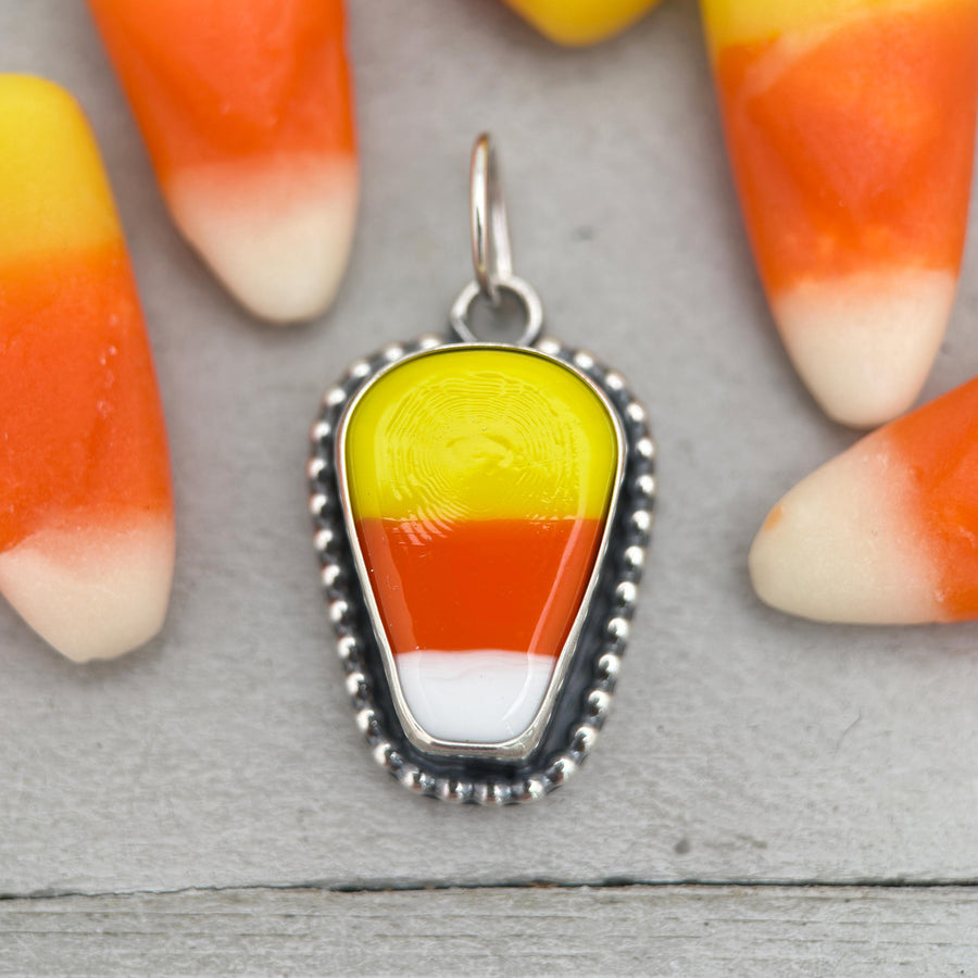 Candy Corn Pendant Necklace - Sterling Silver Halloween Jewelry - Artisan Glass Fall Autumn Jewelry - SunlightSilver