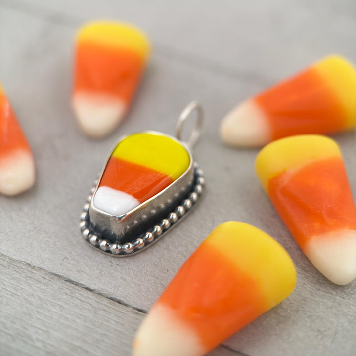 Candy Corn Pendant Necklace - Sterling Silver Halloween Jewelry - Artisan Glass Fall Autumn Jewelry - SunlightSilver