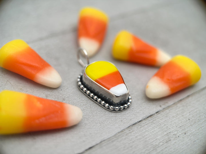 Candy Corn Pendant Necklace - Sterling Silver Halloween Jewelry - Artisan Glass Fall Autumn Jewelry - SunlightSilver