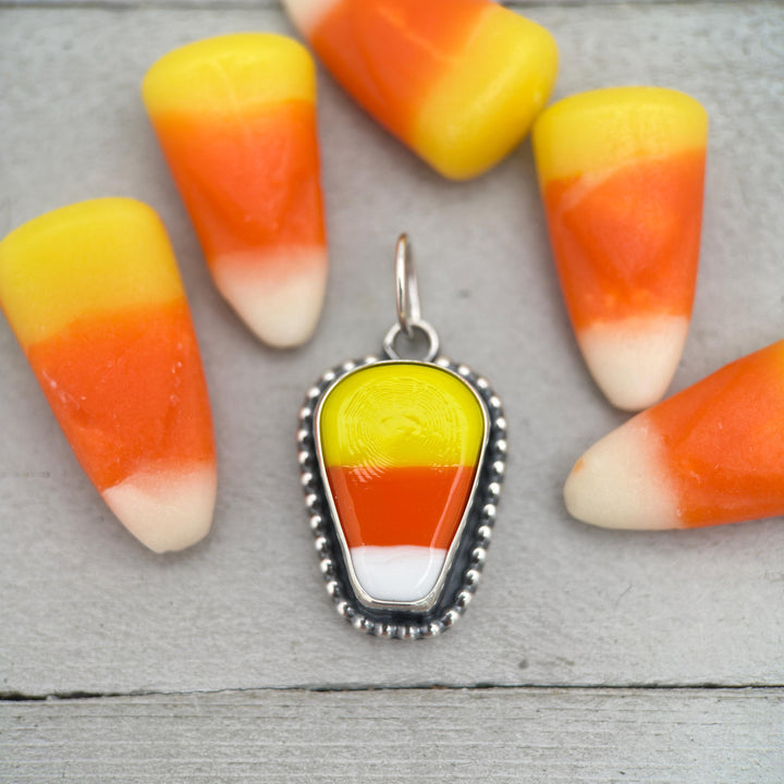 Candy Corn Pendant Necklace - Sterling Silver Halloween Jewelry - Artisan Glass Fall Autumn Jewelry - SunlightSilver