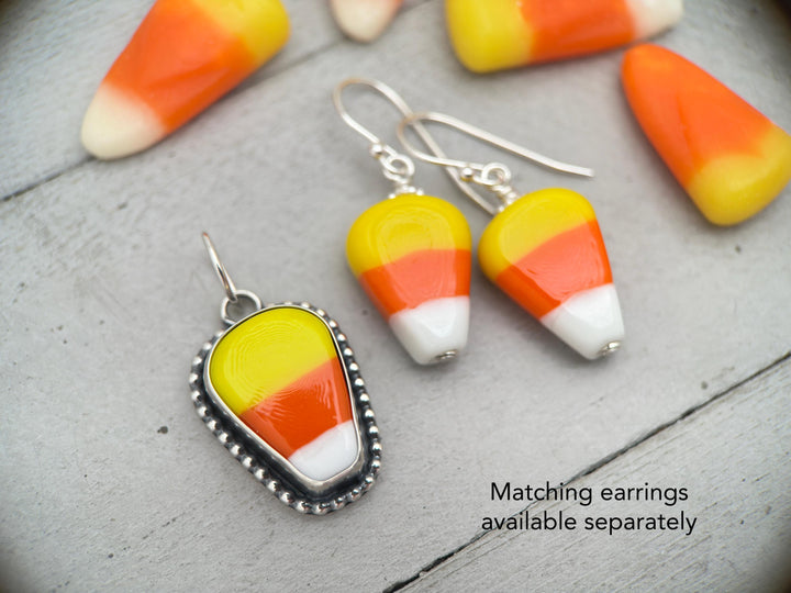 Candy Corn Pendant Necklace - Sterling Silver Halloween Jewelry - Artisan Glass Fall Autumn Jewelry - SunlightSilver