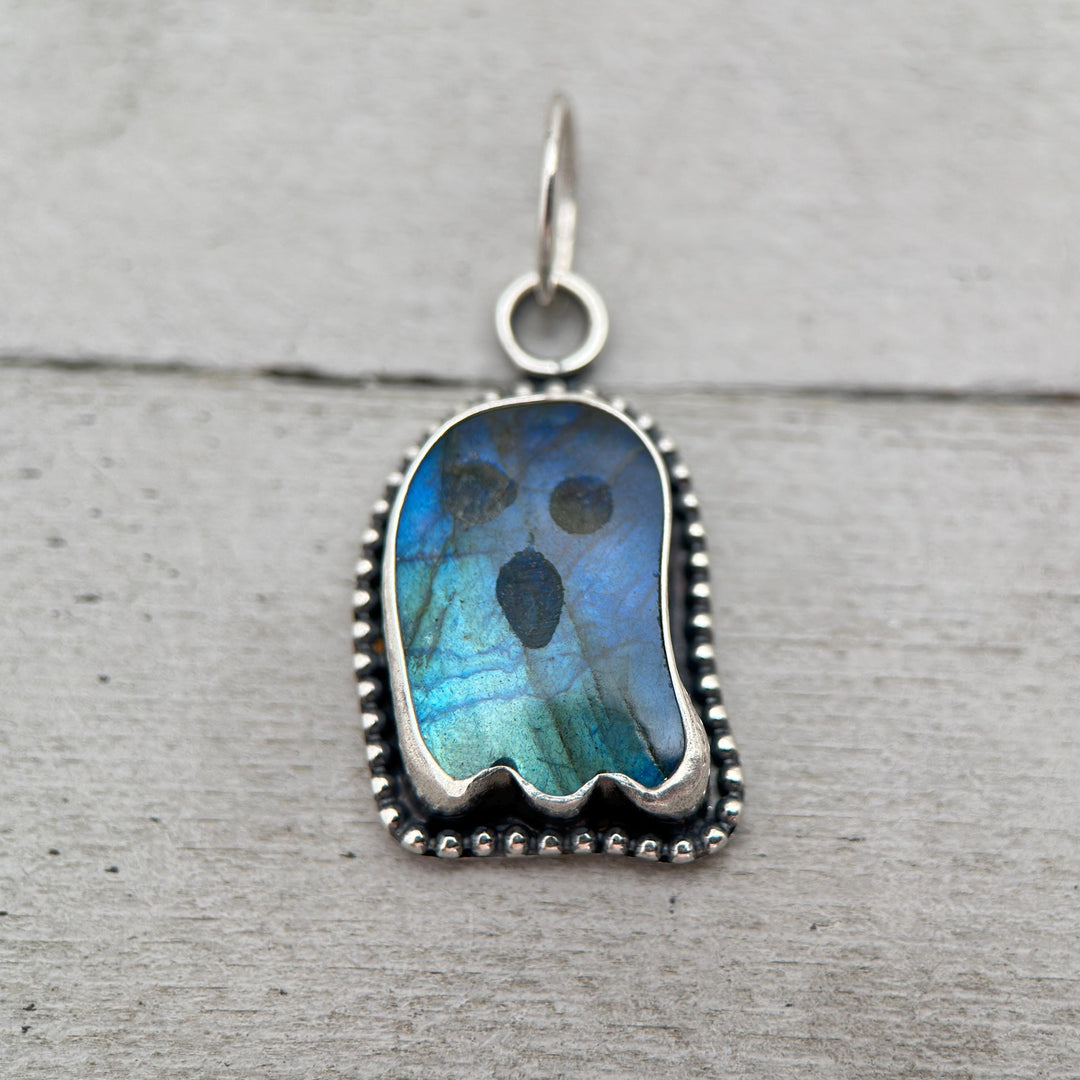 Labradorite Ghost Pendant Sterling Silver Necklace - Rainbow Flash Gemstone - Gothic Mystic Halloween Jewelry - SunlightSilver