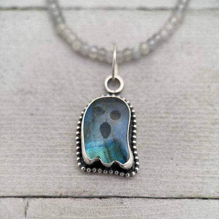 Labradorite Ghost Pendant Sterling Silver Necklace - Rainbow Flash Gemstone - Gothic Mystic Halloween Jewelry - SunlightSilver