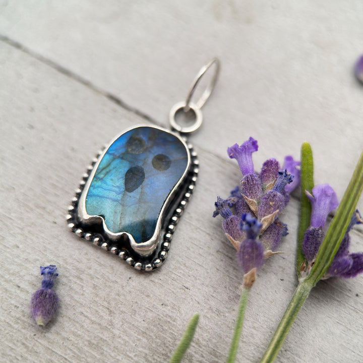 Labradorite Ghost Pendant Sterling Silver Necklace - Rainbow Flash Gemstone - Gothic Mystic Halloween Jewelry - SunlightSilver