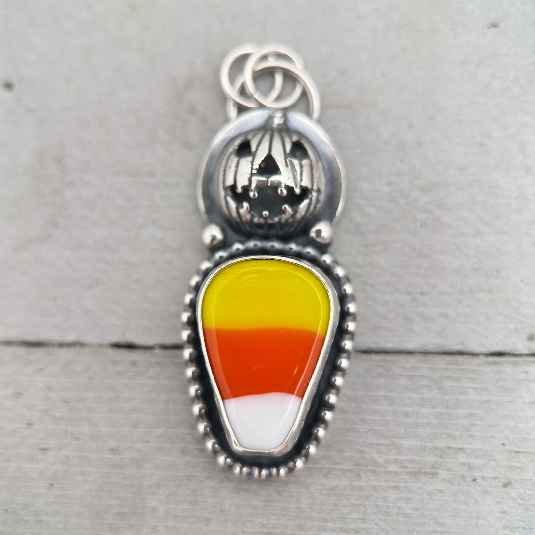 Candy Corn Sterling Silver Pumpkin Pendant Necklace - Halloween Jack-O-Lantern Jewelry - Artisan Glass Fall Autumn Jewelry - SunlightSilver