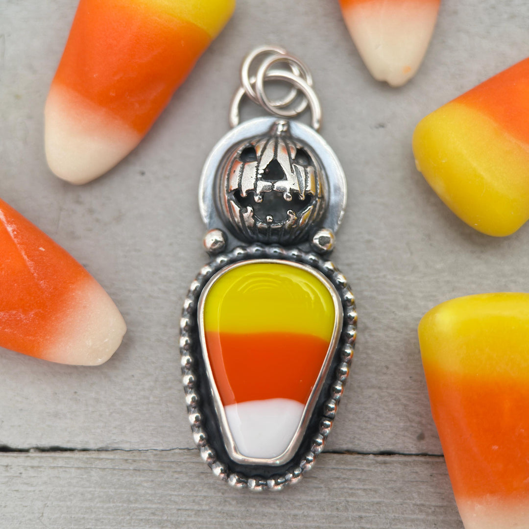 Candy Corn Sterling Silver Pumpkin Pendant Necklace - Halloween Jack-O-Lantern Jewelry - Artisan Glass Fall Autumn Jewelry - SunlightSilver