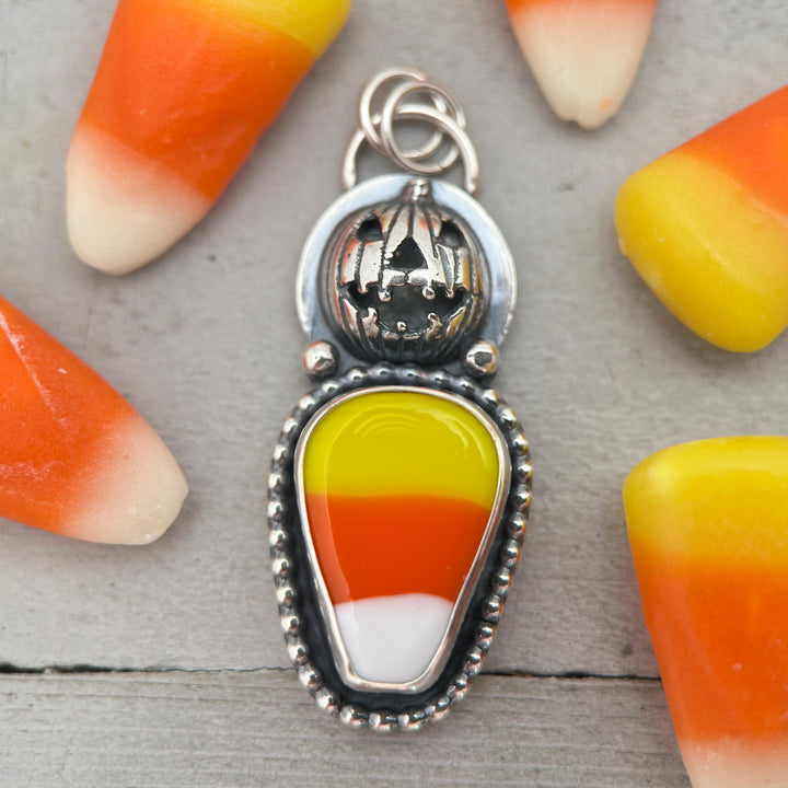 Candy Corn Sterling Silver Pumpkin Pendant Necklace - Halloween Jack-O-Lantern Jewelry - Artisan Glass Fall Autumn Jewelry - SunlightSilver