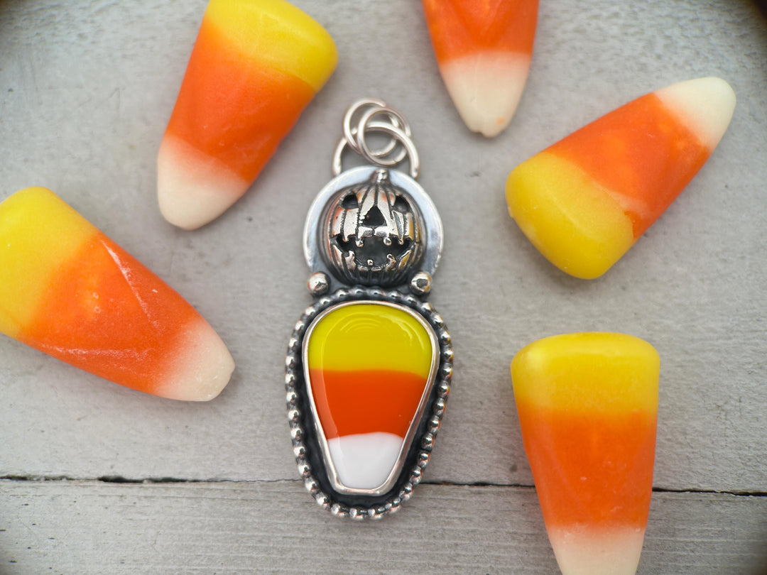 Candy Corn Sterling Silver Pumpkin Pendant Necklace - Halloween Jack-O-Lantern Jewelry - Artisan Glass Fall Autumn Jewelry - SunlightSilver