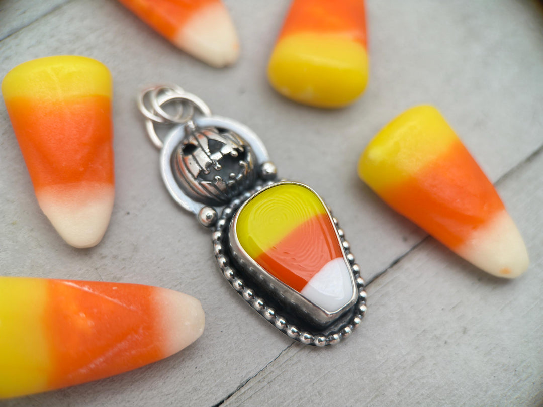 Candy Corn Sterling Silver Pumpkin Pendant Necklace - Halloween Jack-O-Lantern Jewelry - Artisan Glass Fall Autumn Jewelry - SunlightSilver