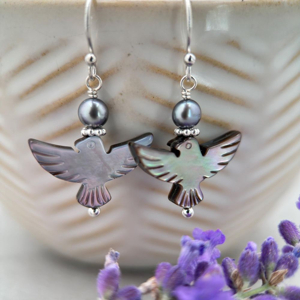 Black Mother of Pearl Thunder Bird, Pearl and Sterling Silver Earrings - Black Lipped Oyster Shell Jewelry - Native Thunderbird Symbol - SunlightSilver