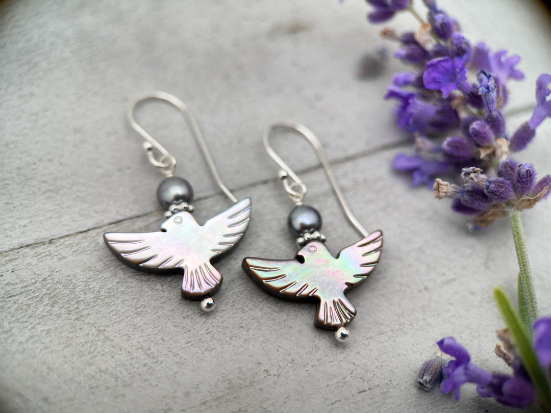 Black Mother of Pearl Thunder Bird, Pearl and Sterling Silver Earrings - Black Lipped Oyster Shell Jewelry - Native Thunderbird Symbol - SunlightSilver