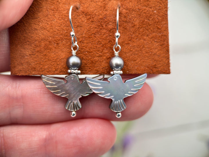 Black Mother of Pearl Thunder Bird, Pearl and Sterling Silver Earrings - Black Lipped Oyster Shell Jewelry - Native Thunderbird Symbol - SunlightSilver